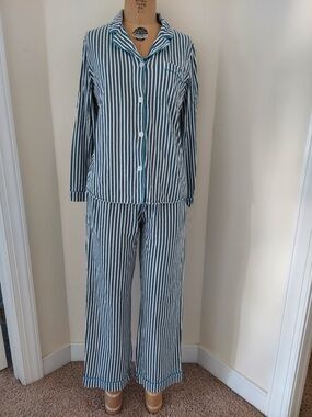 DKNY Black, White, and Turquoise Vertical Stripe Pajama Set